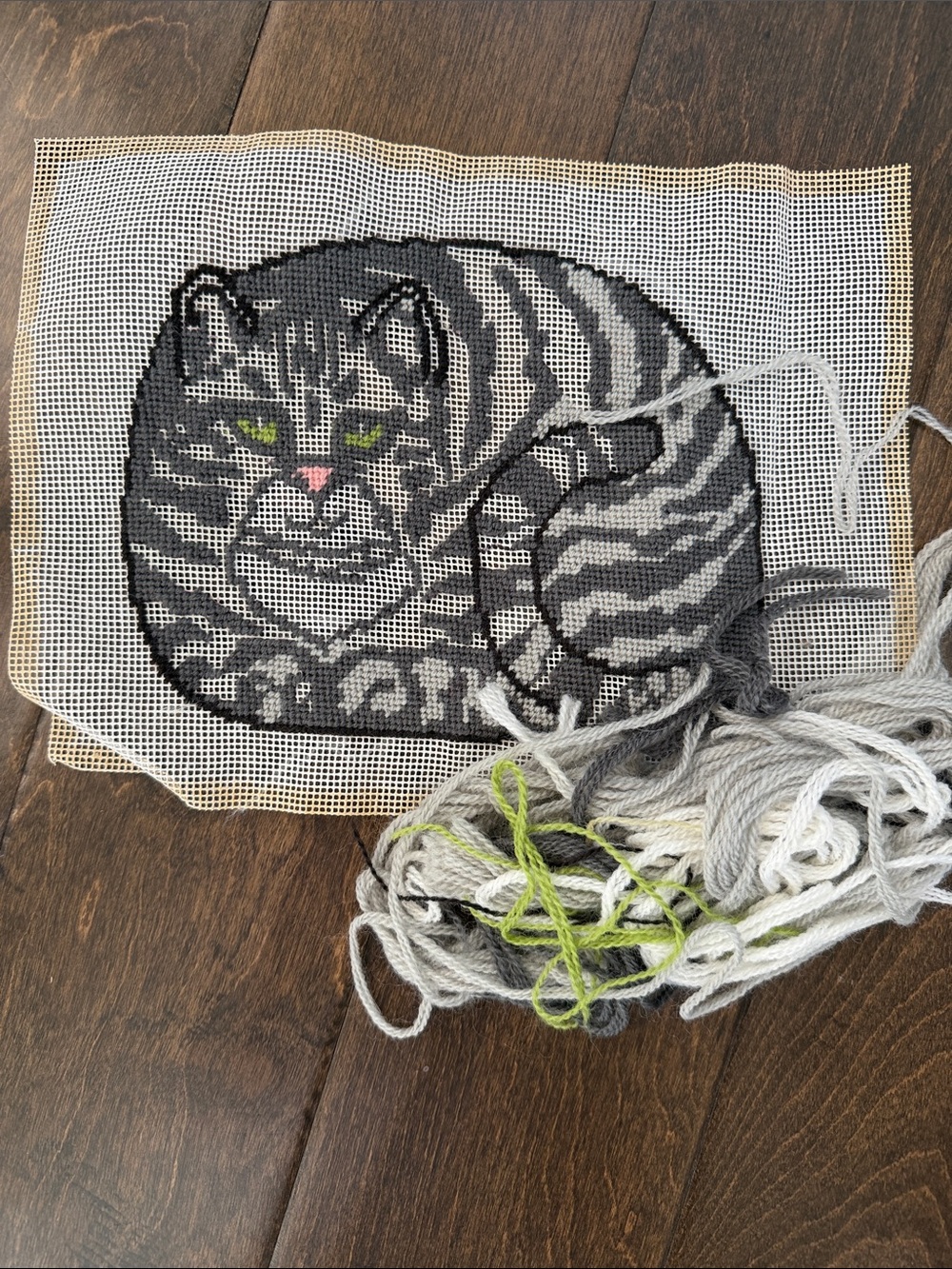 Incomplete Needlepoint- Gray Tabby Cat with Green Eyes